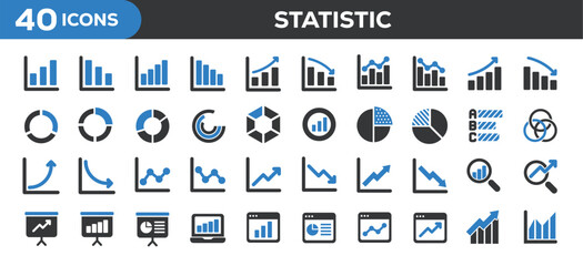 Statistics icons collection. Related diagram, chart, growth, increase, decrease. Solid colors style icons. Vector illustration isolated on white background