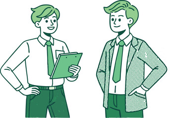 A vector illustration depicts business people, including a suited businessman with money and a doctor, as cartoon characters representing various occupations and teamwork