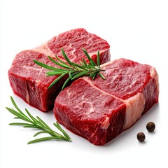 Fresh cuts of red meat topped with rosemary and black pepper.