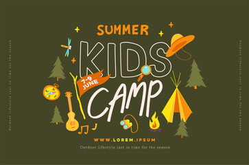 Summer camp for kids poster banner adventure nature background with Summer camp adventure activities set