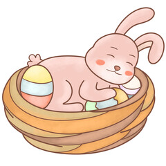 A bunny sleeps inside an Easter egg nest surrounded by branches