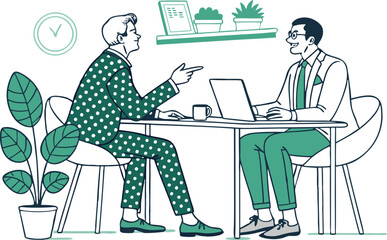 The Business Deal: Two figures engaged in animated discussion, seated at a table with laptop. Captured in a vector illustration, the image is colored and stylish in the style of modern digital art.