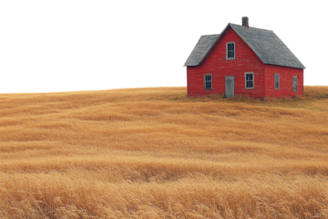 Red house on a golden field, surrounded by tall grass under a clear sky, showcasing rural charm and tranquility.