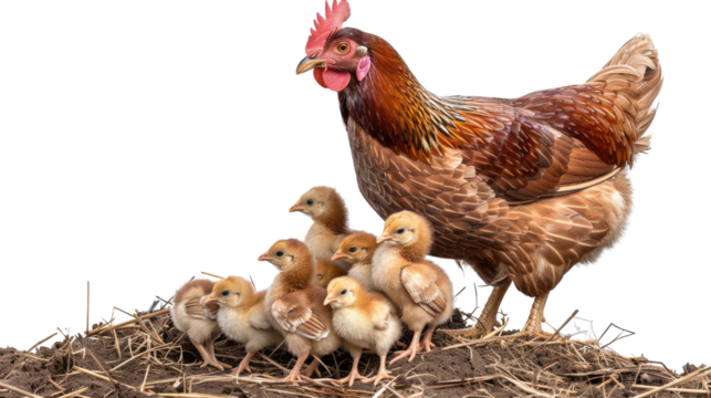 Mother Hen and Chicks: Capturing a heartwarming moment of maternal care, this image presents a hen with her adorable chicks, huddled together for protection and warmth. 