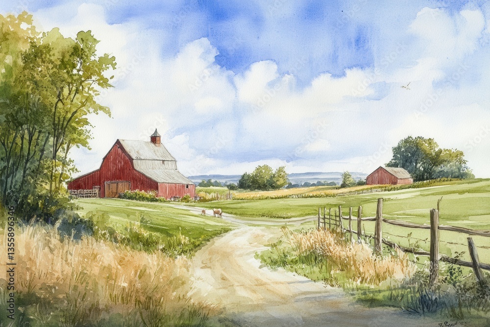 Aufkleber delicate watercolor painting of a traditional farm with a rustic barn and green fields under a soft 