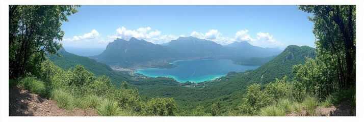 Panoramic view of a lake nestled in a mountain valley. Lush greenery surrounds a serene body of water