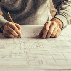 Naklejka premium A man's hands carefully examining and analyzing a detailed blueprint for construction planning