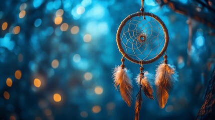 Dreamcatcher with Soft Feathers Against Twilight Background