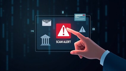 A male hand in a suit points at a digital screen displaying a 'Scam Alert' sign, highlighting online security concerns.