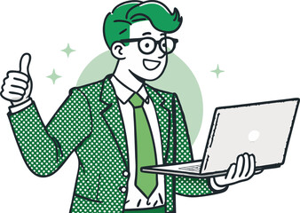 Cartoon businessman typing on a laptop at his office desk