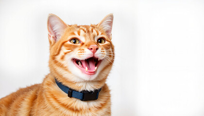 Happy cat wearing a flea collar against a white background, pet protection