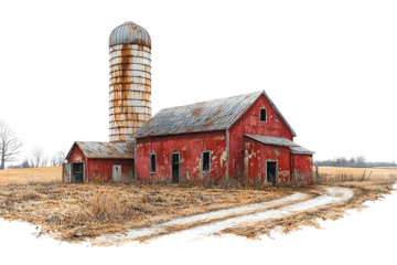 Rustic red barn with silo set against a rural landscape, showcasing traditional farming architecture.