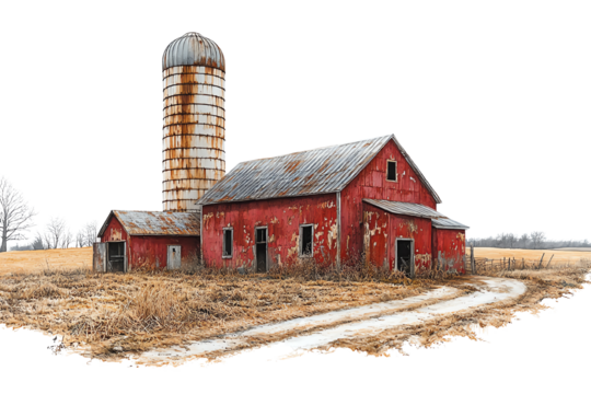 Rustic red barn with silo set against a rural landscape, showcasing traditional farming architecture.