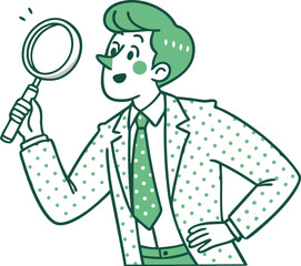 Cartoon businessman vector character with magnifying glass