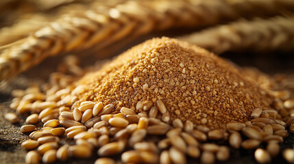 Obraz premium Detailed macro shot of a mound of coarse flour, surrounded by whole wheat grains and out-of-focus stalks, emphasizing texture and richness.