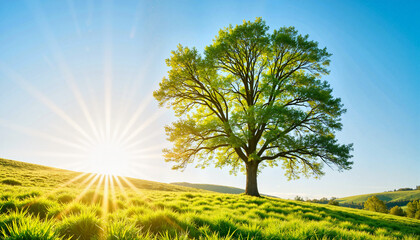 Fototapeta premium Lone tree swaying in gentle wind under clear blue sky, natural beauty
