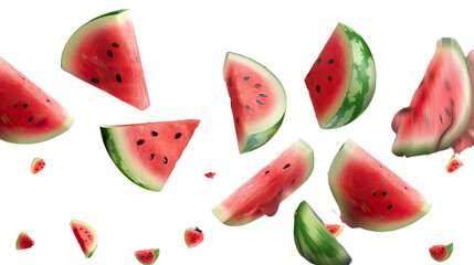 Flying Watermelon Slices: Savor the refreshing burst of summer with this delightful image, capturing a vibrant collection of watermelon slices floating gracefully in mid-air, showcasing their juicy.