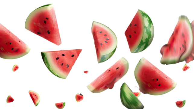 Flying Watermelon Slices: Savor the refreshing burst of summer with this delightful image, capturing a vibrant collection of watermelon slices floating gracefully in mid-air, showcasing their juicy.