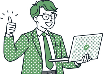 Funny cartoon businessman in a suit with a tie works, juggling a laptop and phone