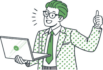 A cartoon businessman in a suit works at a laptop on an office desk