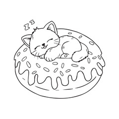 Cute cat sleeping in a donut. Coloring book for children.