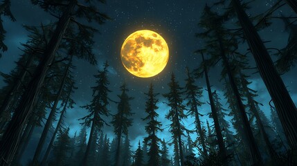 Pixel Art Night Forest with Bright Yellow Moon