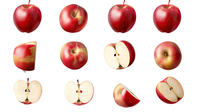 Vibrant Apple Varieties: A close-up collection of ripe, red apples in various orientations, showcasing their luscious textures, juicy flesh, and subtle variations