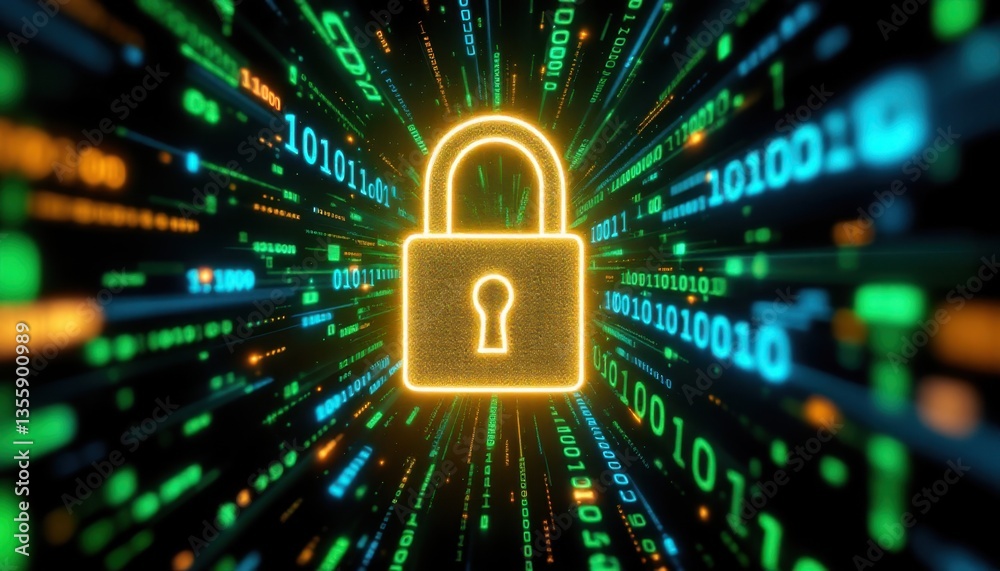 Fototapete Glowing lock symbol in digital binary code tunnel representing cybersecurity