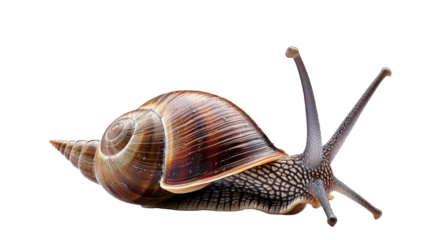 The Curious Snail: Up-close shot of a snail with its unique shell gliding along, highlighting the patterns and textures in intricate detail.