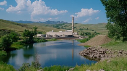 Industrial Facility Against Scenic Landscape with Water Reflection and Lush Vegetation