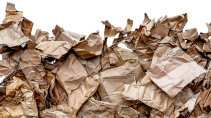 Pile of Crumpled Paper: A close-up shot showcases a heap of textured, crumpled brown paper, highlighting the tactile quality and visual interest of the recycled material.