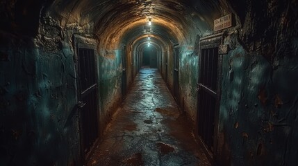 Dimly lit abandoned underground corridor with rusty metal doors and peeling walls