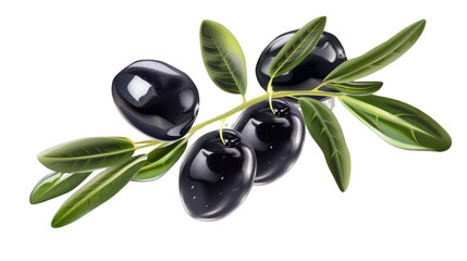 Olives on Branch: Close-up shot of glossy black olives on a branch with green leaves, showcasing their freshness. Captures the simplicity and natural beauty of the olive branch.