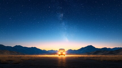 Lone Vehicle on Desert Road at Night Under Starlit Sky