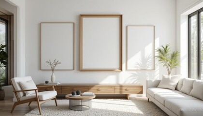 Minimalist living room with wooden furniture and large windows in natural light