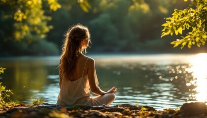 Young female meditating by serene lake at sunrise in nature