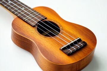 Obraz premium Close-up of a wooden ukulele on a white background.