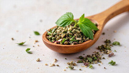 Close-up of wooden spoon with fresh herbs on soft backdrop, culinary delight