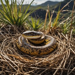 Fototapeta premium A snake protecting a nest of golden dragon eggs.