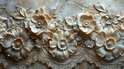 Intricate floral relief patterns on textured surface with lace detail