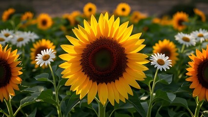Fototapeta premium Sunflowers and daisies in warm yellows and oranges.