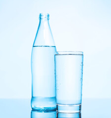 A simple and clear glass and bottle of pure water