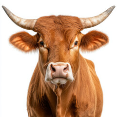 Naklejka premium large brown cow with prominent horns on white background