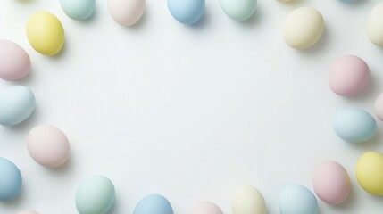 Easter border of painted pastel easter eggs. Top view photo of pastel colored painted easter egg. Blank space in the middle. 