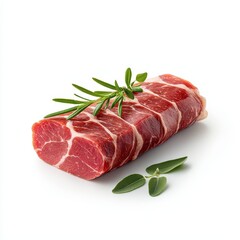 Fresh cut meat garnished with herbs on a clean white background.