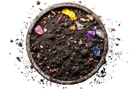 Top view of soil mixed with colorful plastic waste, emphasizing pollution and environmental issues.
