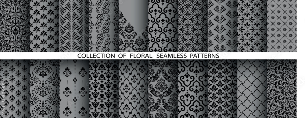 Poster geometric floral set of seamless patterns. gray and black vector backgrounds. damask graphic ornamen