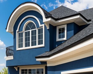 Blue House Exterior with Sunny Day.