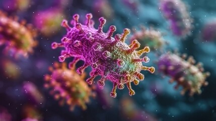 Microscopic view of colorful viruses.