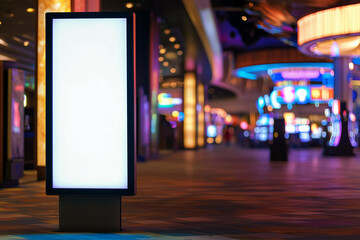 Vertical lightbox billboard with white screen in vibrant colorful casino interior, blurred neon background for nightlife, entertainment, advertisement, commercial design mockup